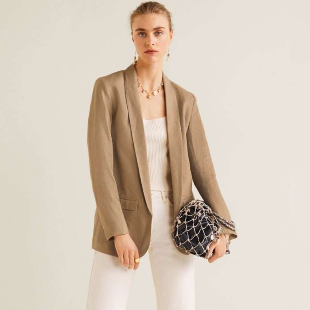Mng mango 100% linen brown tan solid front open blazer jacket xsmall